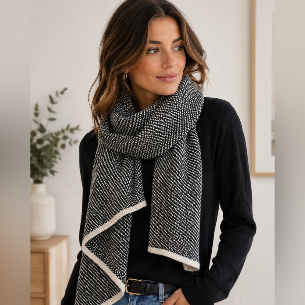Banana Republic Italian Yarn Scarf Merino Wool Cashmere Alpaca Black White 33"
